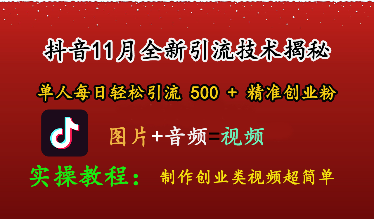 抖音11月全新引流技术，图片+视频 就能轻松制作创业类视频，单人每日轻松引流500+精准创业粉-荔枝网络