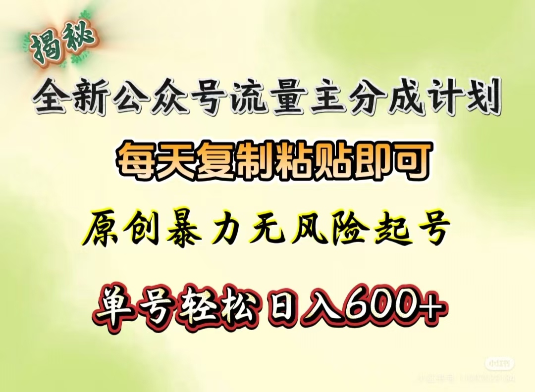 全新公众号流量主分成计划,每天复制粘贴即可,原创暴力起号无风险,单号轻松日入600+(揭秘)-荔枝网络