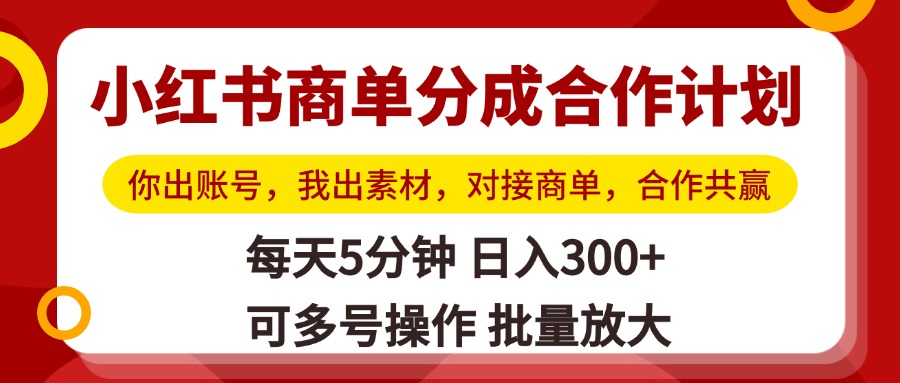 小红书商单分成合作计划，你出账号，我出素材，对接商单，合作共赢，单号日入300+，可批量放大-荔枝网络