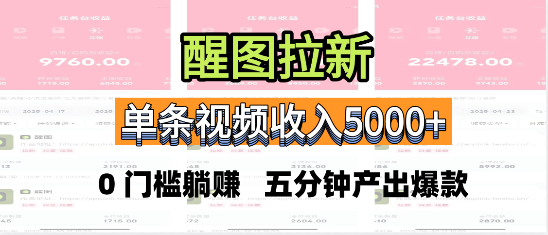 醒图拉新，0 门槛躺赚，五分钟产出爆款，单条视频收入5000+-荔枝网络