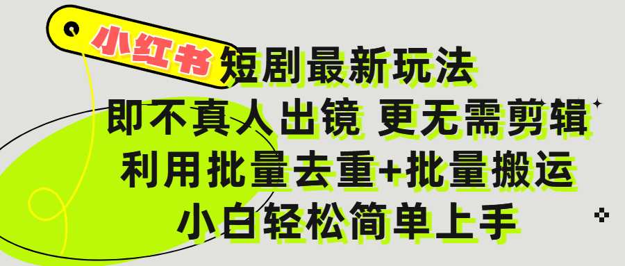 小红书短剧最新玩法，轻松日入3000+，既不真人出镜，更不用剪辑，全程搬运，傻瓜式操作，私域零成本批量操作-荔枝网络